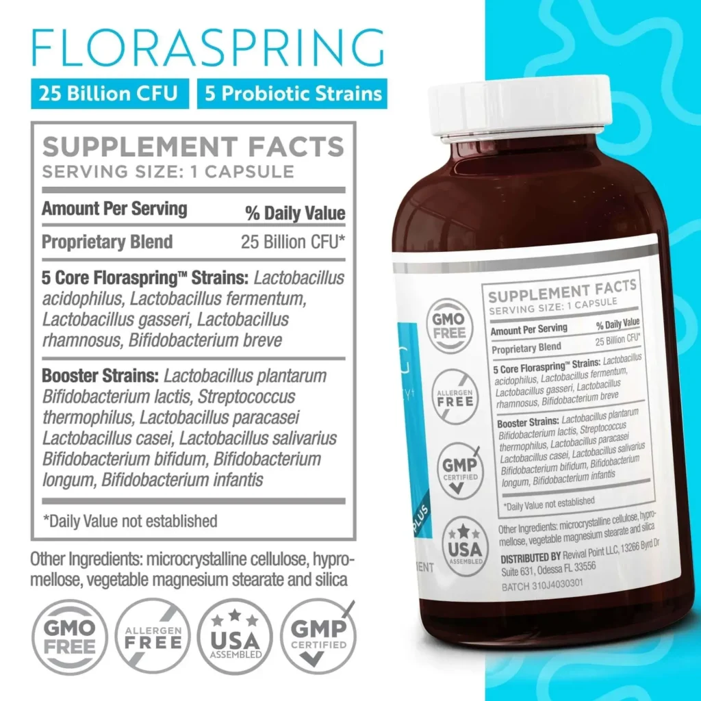 FloraSpring probiotic supplement bottle with detailed Supplement Facts label showing 25 Billion CFU and 5 Core Strains: Lactobacillus acidophilus, Lactobacillus fermentum, Lactobacillus gasseri, Lactobacillus rhamnosus, Bifidobacterium breve. It also lists Booster Strains like Lactobacillus plantarum and Bifidobacterium lactis. The label highlights that it is GMO Free, Allergen Free, USA Assembled, and GMP Certified.